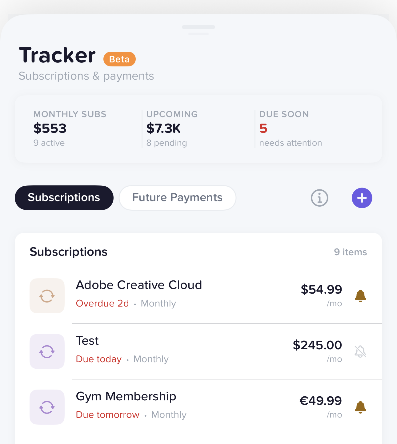 Tracker subscriptions and future payments screenshot